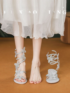 Goatskin Version ~ French Style Beautiful Sandals Middle Heel Rhinestone Bows Shiny Non-Mainstream Style Fairy Vacation Style Sandals