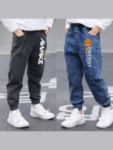 Spring Autumn Childrens Jeans Boys Cartoon Cuffed Long Pants Trendy Waistband Elastic Middle Waist Kids Denim Trousers