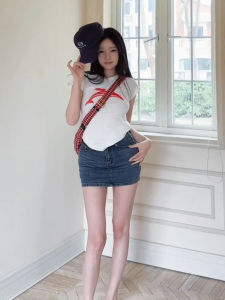 Váy Ngắn Denim Cạp Cao Co Giãn Cho Nữ Mùa Xuân Hè 2025 Váy Ngắn Bó Sát Tôn Dáng Dài Chân Thời Trang Đa Năng