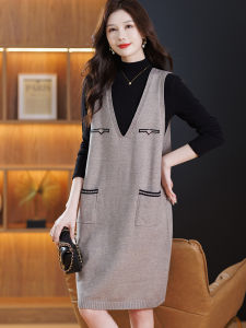 Knitted Long Vest Dress Fashionable Slimming Outerwear Spring Autumn Resin Solid Color Nylon Wool Blend A-Line Skirt Style