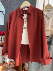 Chic Korean Style Pure Cotton Red Long Sleeve Shirt Loose Fit Polo Collar Layering Outerwear Cardigan for Young Women