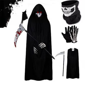 Halloween Death God Play Costume Kids and Adults Horrible Skeleton Costume Black Ghost Robe and Sickle Enjoy Game Party