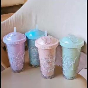 【K-Home】Rainbow Star Cold Cup Fancy Tumbler Double Layer Plastic Coffee Mug Tumbler High Quality Bottle 550ML