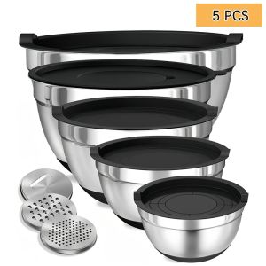 5pcs Stainless Steel Mixing Bowl Set with Lids & Graters - Versatile for Cooking Baking Marinating | Dishwasher Safe