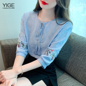 Áo Áo thêu hàng Mới Mùa Hè Áo Vòng cổ ren đẹp áo sơ mi trắng đi lại 2023 đơn giản áo tay ngắn