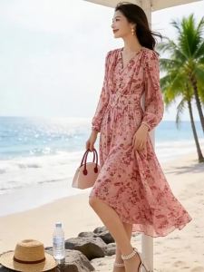XMO | French Floral Long Sleeve Dress Mid-length Slimming V-neck Flared Summer Elegance