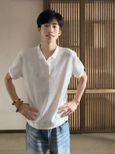 OUMULONG | White Embossed Texture Short Sleeve POLO Shirt