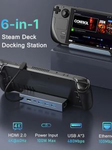 6 in 1 Docking Station for Steam Deck/ROG Ally USB C Dock with HDMI 4K UHD 100Mbps RJ45 Ethernet 3 USB 2.0 and PD 100W