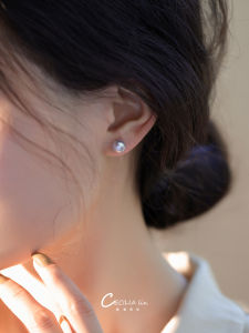 ต่างหูมุกเงินแท้ S925เงินแท้หรูหราเบาๆทรงกลมแนววินเทจแบบเดียวกับดาราสำหรับผู้หญิง