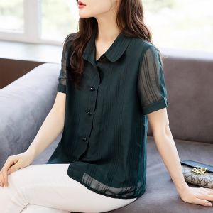 เสื้อเชิ้ตผ้าชีฟองแขนสั้นฤดูร้อนสำหรับผู้หญิง ทรงหลวม สไตล์เกาหลี คอลเลกชันฤดูใบไม้ผลิและฤดูใบไม้ร่วง 2025 เสื้อเชิ้ตคอโปโลลายจุด