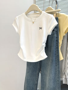 MISHANGYICHU | Petite Short Cropped Waist-defining Bow Embroidered Summer T-Shirt