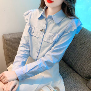 Elegant Pure Cotton Lace Trim Shirt Womens Fashionable Patchwork Butterfly Knot Shirt Ladylike Straight Cut Long Sleeve Button up