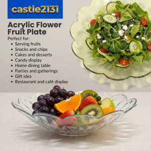 Castle2131 Acrylic Fruit Plate 26cm Flower Shape Plastic Serving Bowl Decorative Plates  Snacks Dessert