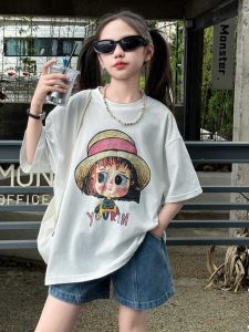 Retro American Short Sleeve T-Shirt Womens Loose Large Version Mid-Length Fashionable Summer Top Korean Style Other Material