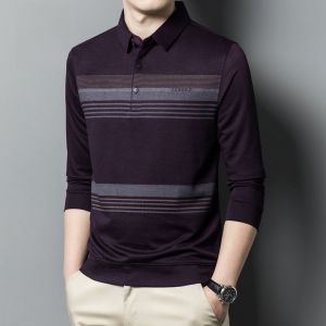 ROMON | Long Sleeve Polo Shirt Business Casual Striped Pattern Turn-down Collar Mens Fashion Urban Style Autumn Season Romon Brand