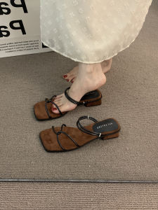 Stylish Retro Chunky Heel Black Crystal Sandals Fairy Shoes 2024 Summer Thin Strap Mid Heel Holiday Sandals