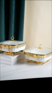 Clotee Wadah Piring Saji Prasmanan Keramik Canada Serving Plate Penyajian Berpinggiran Gold / Wadah Saji Elegan Premium Keramik Putih Gold Dengan Tutup Kaca