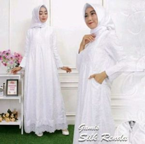 PERLENGKAPAN HAJI & UMROH//GAMIS PUTIH IHROM WANITA//GAMIS PUTIH SILK RENDA PREMIUM.