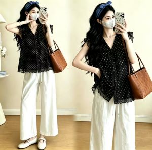 MAMABENSE | Pregnant Summer Two-piece Set Thin V-neck Fly-sleeve Dots