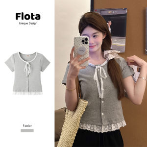 Flota French Style Lace Splice Short Sleeve Open Cardigan Grey Short Top Commute Style Slim Fit Cotton Polyester Blend Summer T-shirt