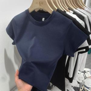 Gray Short Sleeve round Neck Cotton T-Shirt Womens Slim Fit Basic Style Summer New Arrival Commute Style Korean Version Top