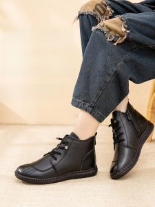 SHIPAILUO | New 2025 Womens Leather Cotton Shoes Thickened Warm Flat Bottom Anti-slip Winter Boots Casual Round Toe Short Boot Pure Color
