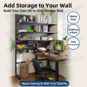 SUNNY Vertical Pegboard Shelf Punch-Free Metal Storage Rack with Shelves Rust-Resistant and Easy-Clean