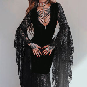 Gothic Lace Bat Sleeve Dress Halloween Witch Costume Long Skirt High Waist Polyester Fabric V-Neckline Bodycon Dark Style Cosplay