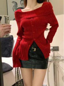 Red One-Shoulder Christmas Sweater Womens New Years Fashion Autumn Winter Slim Fit Inner Wear Pure Desire Knitted Top