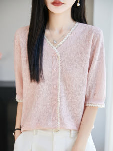 SHEHAN | Retro V-Neck Lace Trim Knit Cardigan Lightweight Slim