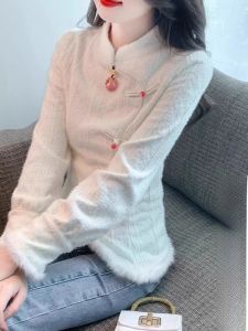 WANGGONGZHU | Womens Fleece Lined Thickened Lace Base Shirt Stand Collar Knitted Sweater Cardigan Long Sleeve Slim Fit Commute Style Top