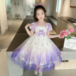 ชุดเดรสกระโปรงทรงเอคอเหลี่ยมแขนสั้นฤดูร้อนสำหรับเด็กผู้หญิงสไตล์เจ้าหญิง ชุดการแสดงลำลอง เสื้อผ้าเด็กผู้หญิง