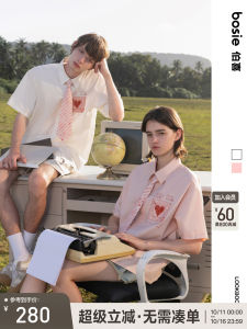 เสื้อเชิ้ตแขนสั้นผู้ชาย Bosie Summer 2025 ทรงหลวม สไตล์ลำลอง ปกแบบถอดได้ คู่รัก ผ้าฝ้าย ลายหัวใจ ฤดูร้อน 2024