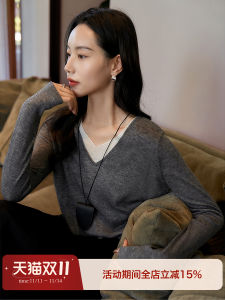 Cloud Wool Knitted Sweater V-Neck Double Layer Design Slimming Womens Fashion Casual Style Long Sleeve Autumn Winter Knitwear