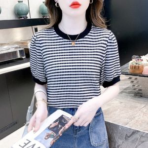 Summer 2023 Womens round Neck Short Sleeve T-Shirt Striped Design Spicy Girl Fashionable Shoulder Bubbles Sleeve Polyester Blend