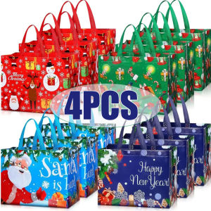 4pcs Large Christmas Tote Bag Reusable Cartoon Santa Claus Elk Snowflake Thickened Non-Woven Printed Candy Gift Packaging Bag 2024 Christmas Party Home Decoration