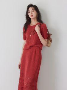 French Linen Vacation Style Ice Silk Knitted Short Sleeve Skirt Suit Womens Summer New Arrival Elegant Wear Two-piece Set