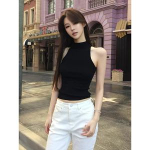 Black Knitted Halter Vest Womens Summer Short Sleeveless Top High Collar Slim Fit Inner Wear American Hot Girl Style