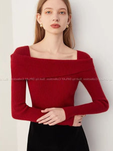 Elegant Lightly Mature off-Neck Wool Knitwear Winter Fashion Western Style Slimming Bottoming Shirt Christmas Red Sweater Women