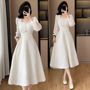 French Vintage Hepburn Style Dress Womens Spring Autumn plus Size Elegant Micro Fat MM High-End Square Collar One-Piece Dress