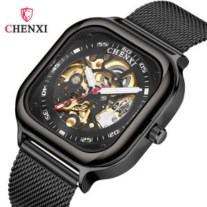 CHENXI Fashion Automatic Mechanical Watch for Men Mesh Belt Skeleton Square Watches Waterproof