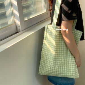 Wfei Special-Interest Artistic Thin Summer All-Matching Fairy Bag Yellow Bubble Gingham Shoulder Japanese Style Fresh Cloth Bag