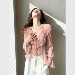 Feminine Elegant Shirt Pink Ruffled Long Sleeve