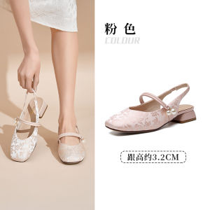 Dadong Slingback Sandals Womens Shoes 2024 Summer New Arrival Sweet Chunky Heel Square Toe Pearl New Chinese Style Shoes 0042