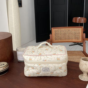 Yoyorose Creamy Apricot Floral Print Makeup Bag Travel Handbag Soft Storage Bag Ins Style Wash Bag Square Shape Storage Bag