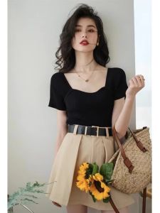 French Style Square Collar Ice Silk Knitted Short Sleeve T-shirt Womens Summer Stylish Small Shoulder Silm Short Clavicle Top
