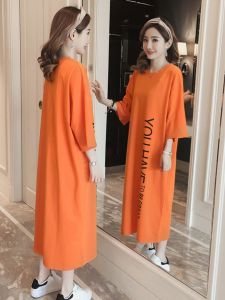 Womens Korean-Style Loose Sleeve Long below the Knee Dress