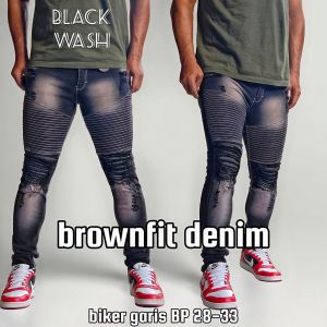 Celana Jeans Sobek Pria Panjang Bikers Garis Stretch Melar Denim Tebal Slimfit Skinny Size 28-33 Premium