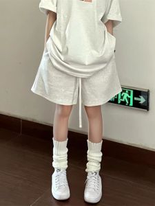 American Grey สีขาว ลำลอง กีฬา กางเกงขาสั้น ผู้หญิง ฤดูร้อน Ins ขากว้างสวมใส่กลางแจ้ง Pure ผ้าฝ้าย สูง เอว หลวม สี่ห้าหก กางเกง