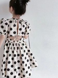 Girls Summer Polka Dot Dress Thin Bubble Sleeve Princess Style Childrens Fashionable Outfit Waist Exposure A-Line Skirt